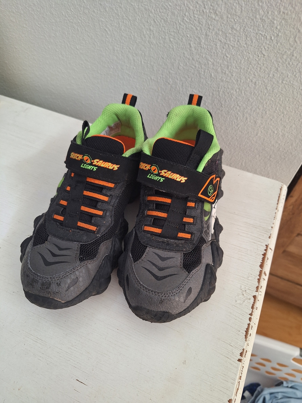 Skechers Kids Gray and Green Light-Up Saurous Sneakers with Orange Accents